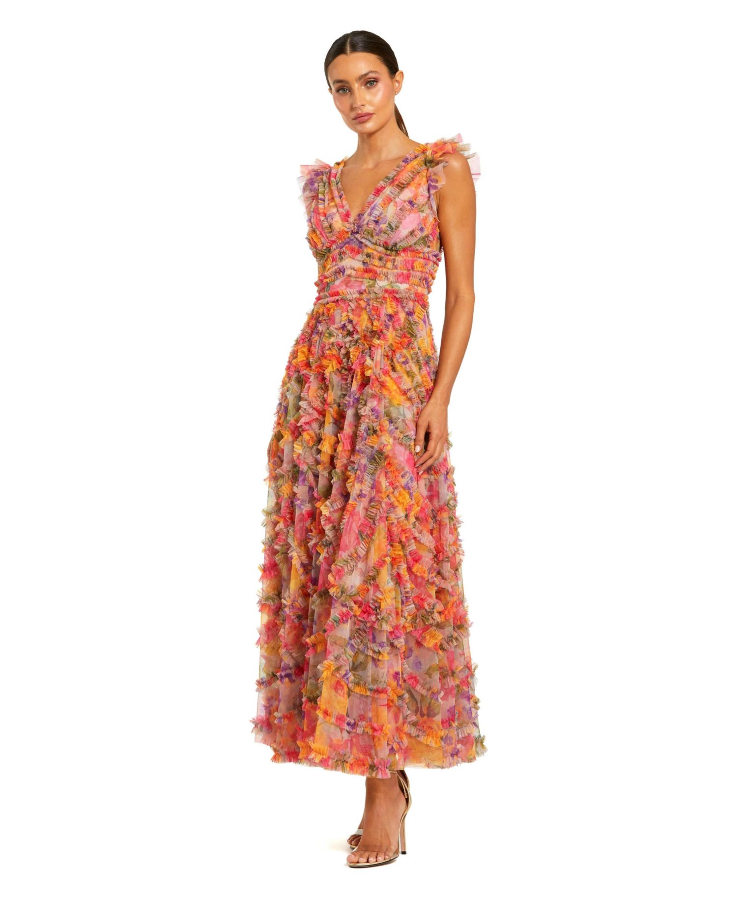 Petite Multicolor Floral V-Neck Ruffle Maxi Dress