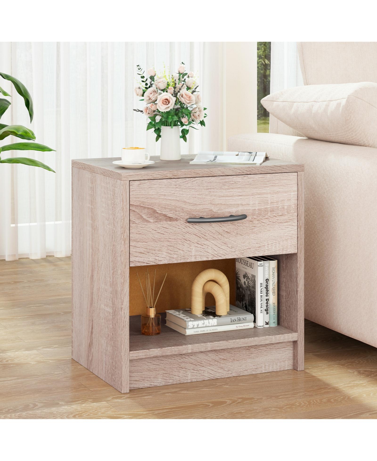 Sugift Bedside Table Nightstand with Drawer and Open Storage Shelf