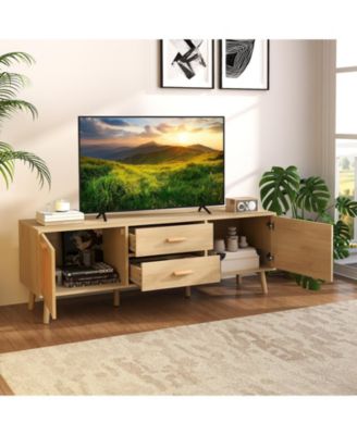 Rattan TV Stand for 65-Inch TV with Drawers and Solid Wood Legs