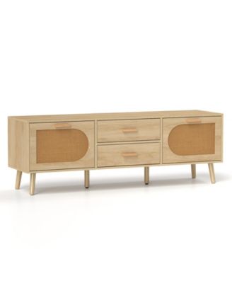 Rattan TV Stand for 65-Inch TV with Drawers and Solid Wood Legs