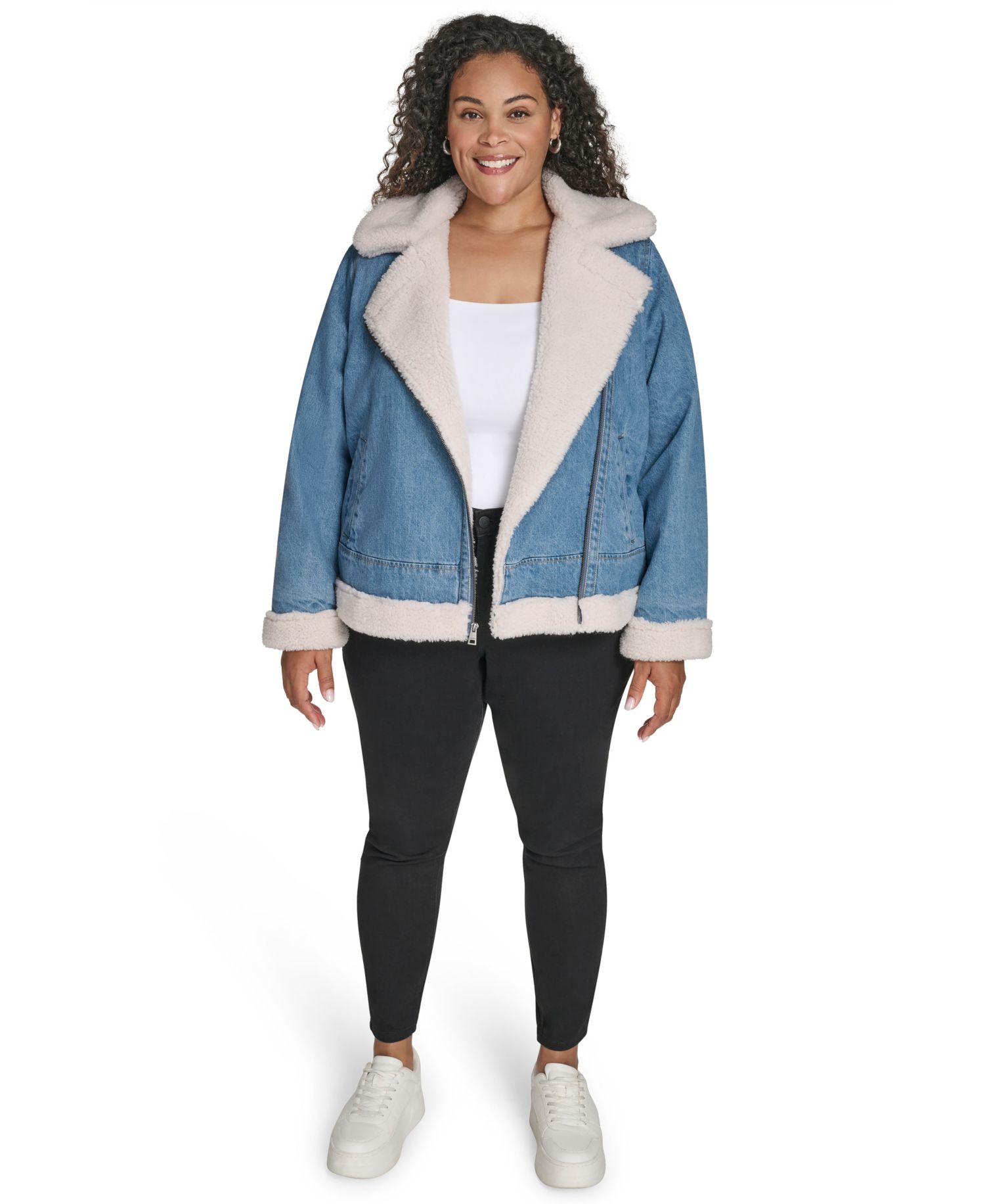 Plus Size Denim Laydown Collar Moto Jacket