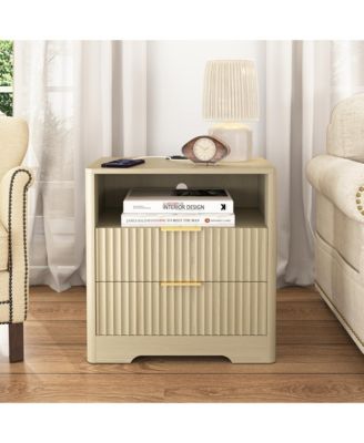 Nightstand with Charging Stations and Night Light, 2-Drawer Bedside Table with Open Storage Shelf for Bedroom, Living Room