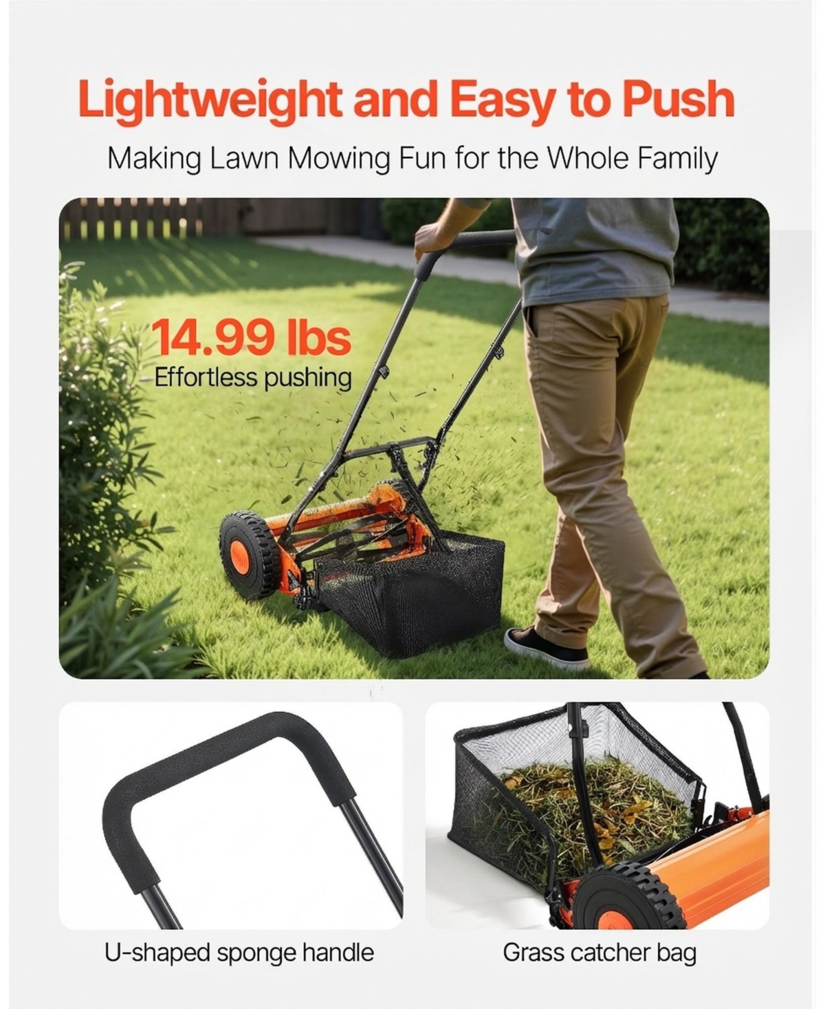 Sugift Push Reel Lawn Mower, 16 inch, 5 Blades, Manual Mower with Grass Catcher
