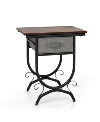 Side Table with Fabric Drawer and Carved Metal Frame for Living Room