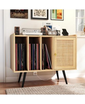 Record Player Stand with Charging Station and Rattan Cabinet for Living Room