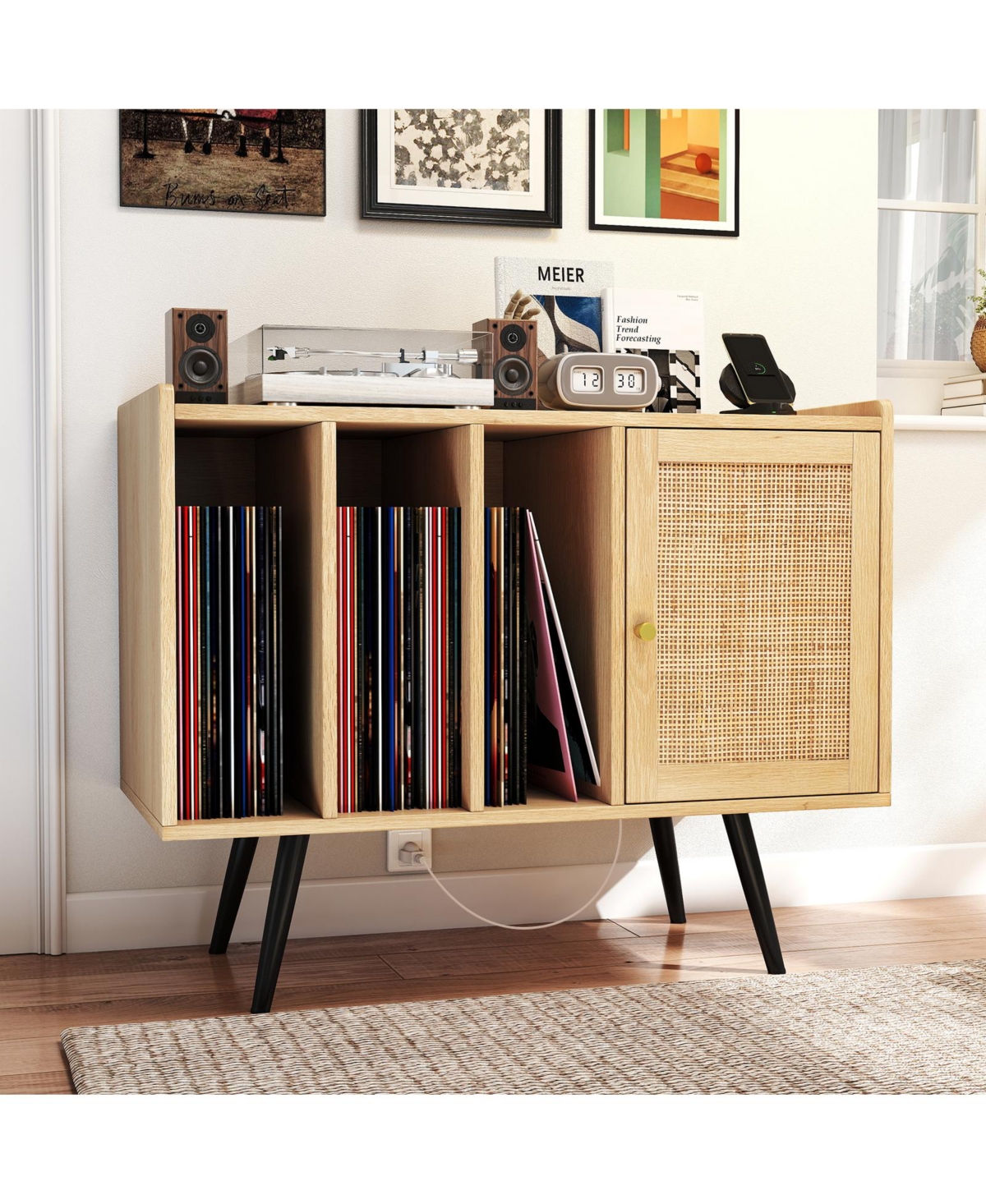 Sugift Record Player Stand with Charging Station and Rattan Cabinet for Living Room