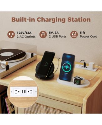 Record Player Stand with Charging Station and Rattan Cabinet for Living Room