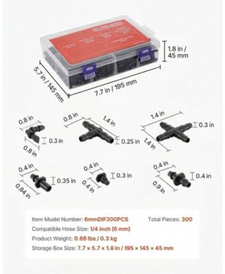 Drip Irrigation Fittings Kit, 300 Pcs, for 1/4" Tubing, for Yard and Garden