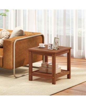 2-Tier Solid Wood Patio Side Table with Storage Shelf