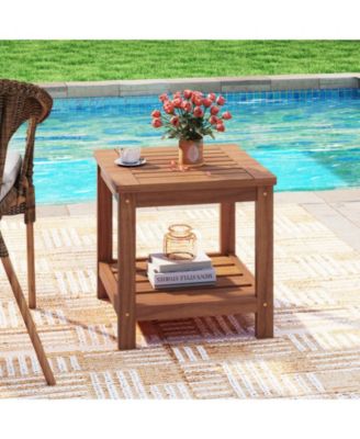 2-Tier Solid Wood Patio Side Table with Storage Shelf