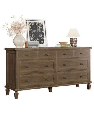Bedroom 59" 8-Drawer Dresser TV Stand, Wood Storage Chest with Carved Handles and Tapered Legs.