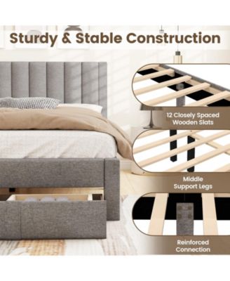 Queen Size Bed Frame with Storage Drawer and Vertical Channel Headboard