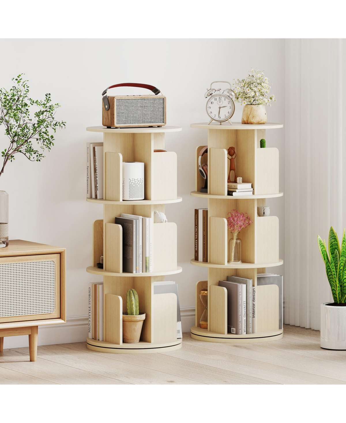 Gouun 3-Tier Rotating Bookshelf with Dividers and Anti-Falling Baffles