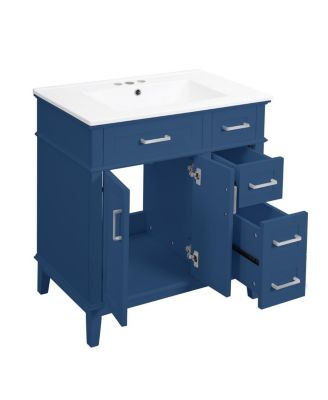 30 Inch Modern Bathroom Vanity with Ceramic Sink, Solid Wood MDF Freestanding Cabinet, Soft Close Drawers for Small Spaces