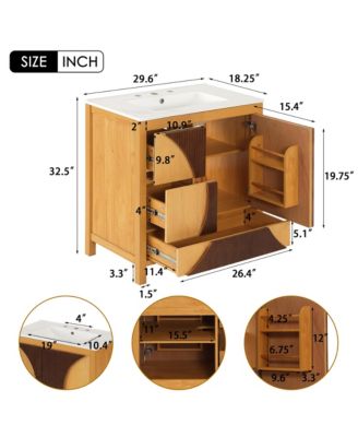 Mid Century Modern Bathroom Vanity with Sink Freestanding Wood Cabinet 3 Drawers Soft Close Door Two Tone Fluted Panel Design