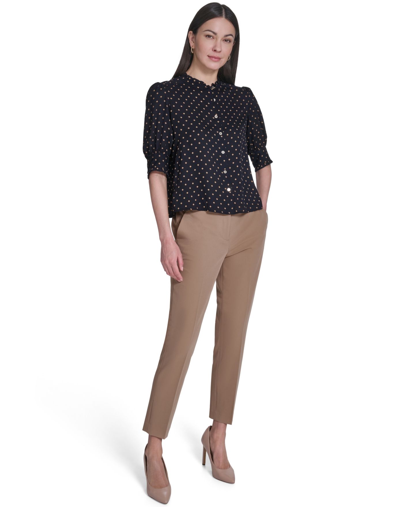 Женская блузка Tommy Hilfiger Collared Ruffle Neck Blouse, цвет: Тёмно-синий / Табачный коричневый — фото 5