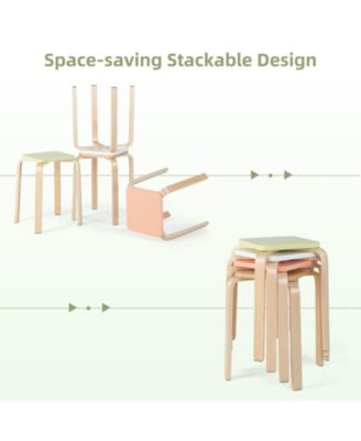 Set of 4 Colorful Square Wooden Stools with Anti-Slip Felt Mats