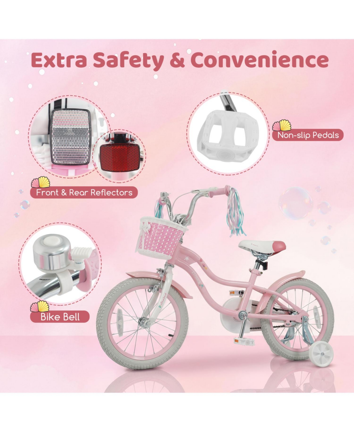 Slickblue Adjustable Kids Bike with Front Basket and Streamers