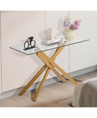 Tempered Glass Rectangle Coffee Table with Metal Cross-Leg Frame