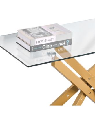 Tempered Glass Rectangle Coffee Table with Metal Cross-Leg Frame