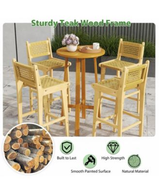 Teak Wood Bar Height Stool with Hand-Woven Rattan Backrest and Integrated Footrest