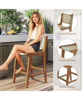 Counter Height Wicker Stool with Teak Wood Frame and Contoured Backrest