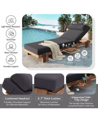 78.8'' Outdoor Chaise Lounge Chair, Acacia Wood Reclining Chair with Headrest, Retractable Side Tray and Adjustable Backrest for Beach