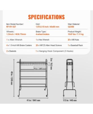 4-Tier Rolling Basketball Rack with Wheels, Hooks & Baskets, Sports Equipment Storage Organizer for Garage, Balls & Gear