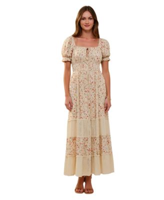 Women's Floral Puff-Sleeve Smocked-Waist Maxi Dress