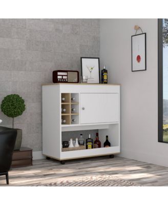 Light Oak/White Bar Cart with 6 Bottle Cubbies, 1 Cabinet and 4 Casters
