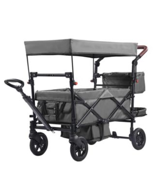 Wagon Stroller for 2 Kids, Collapsible Push Pull Quad Stroller with Adjustable Handle, Harness, Removable Canopy