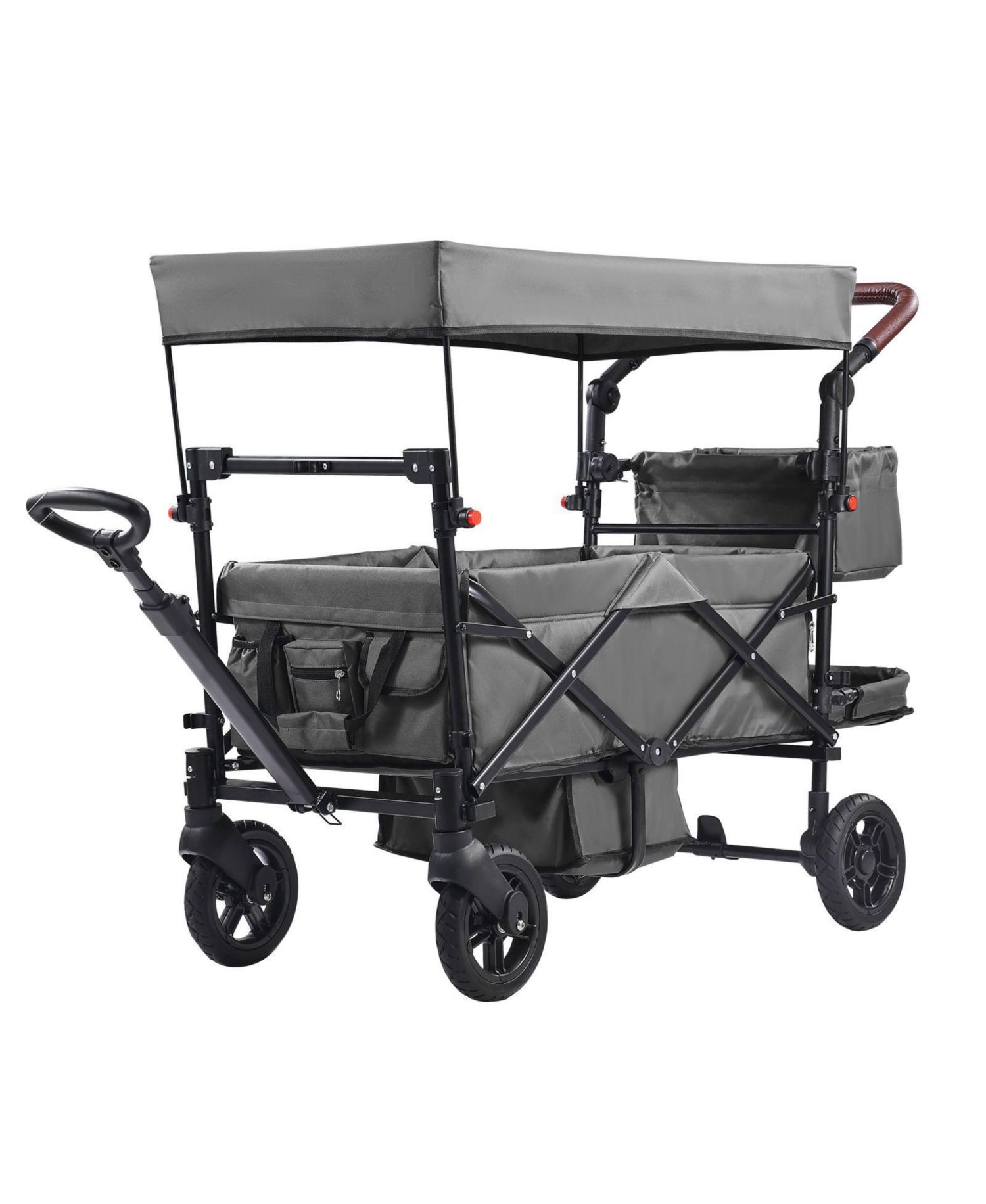 Wagon Stroller for 2 Kids, Collapsible Push Pull Quad Stroller with Adjustable Handle, Harness, Removable Canopy