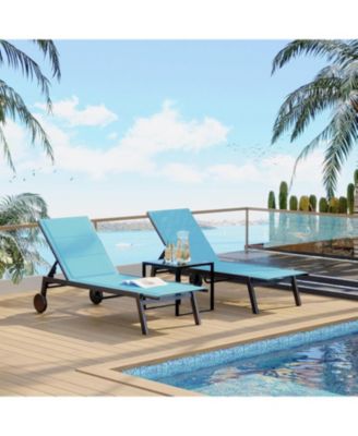 Outdoor Chaise Lounge Chairs with Wheels & Side Table Set of 3, 5-Position Adjustable Backrest Poolside