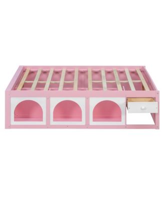 Modern Wooden Full Size Platform Bed Frame for Kids Teens, Integrated with Bookshelf, Side Display Cabinet, LED Lighting and Storage Drawer