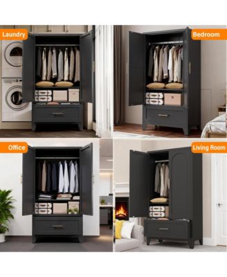 Wardrobe Cabinet, 60" Tall Armoire Wardrobe Closet with 1 Drawer, 2 Doors and Hanging Rod, Farmhouse Clothing Storage Cabinet for Bedroom