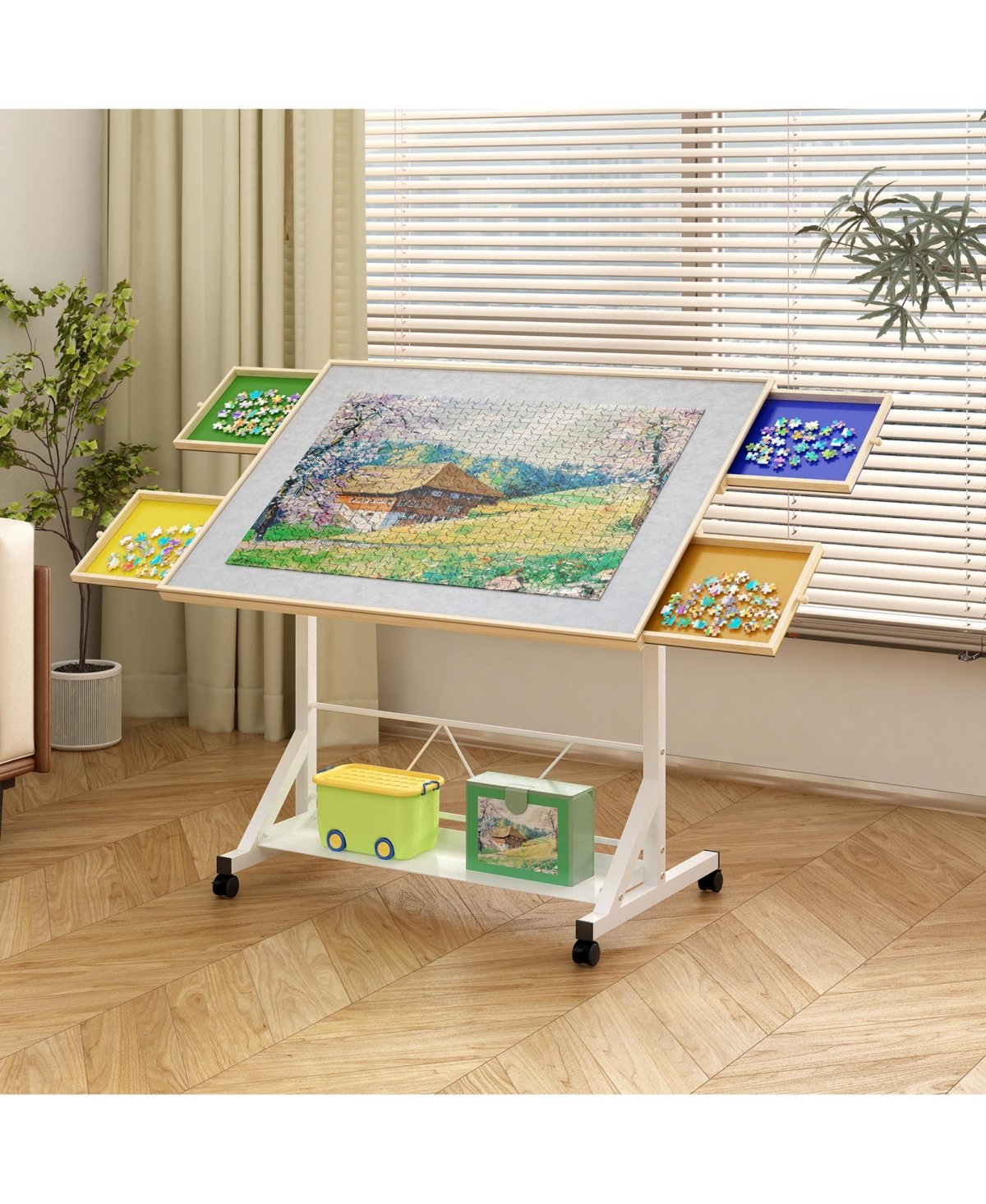 Rainsken Adjustable Puzzle Table for 1500 Pieces, 35" x 27.17" Jigsaw Station with 4 Drawers, Rolling Casters and 360degree(s) Tilting Top for Adults