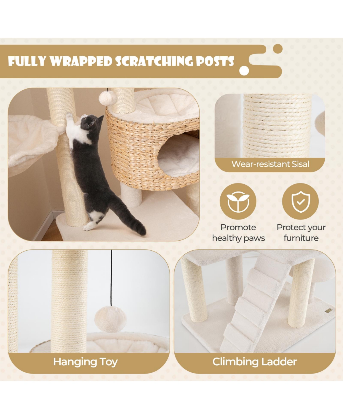 Cozito Cat Tree Solid Wood Modern Tower with Condo Perch