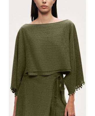 Women's Cropped Boat-Neck Blouse