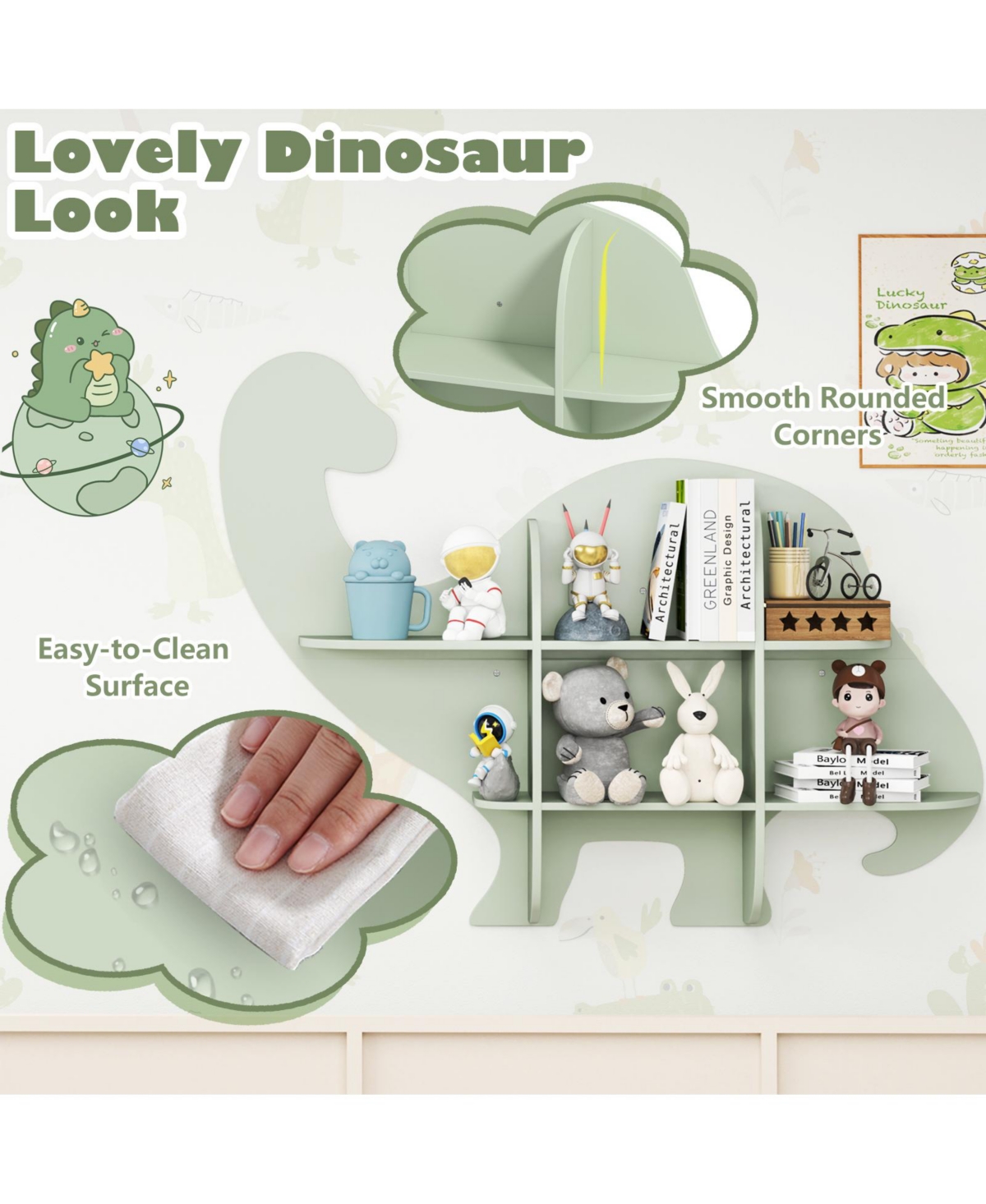 Sugift 2-Tier Floating Dinosaur Kids Bookshelf for Children