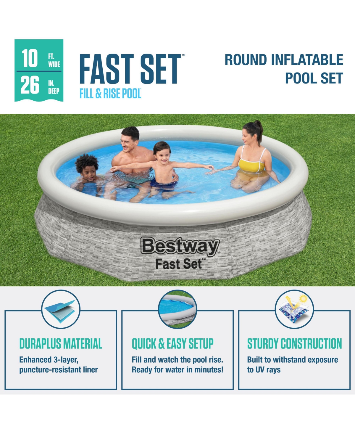 Bestway Fast Set 10' x 26" Stacked Stone Inflatable Swimming Pool Outdoor Set
