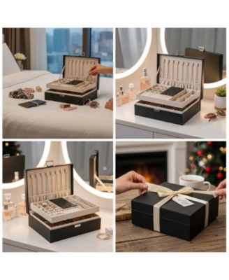 Travel Jewelry Organizer PU Leather Storage Case Necklace Earring Holder Display Tray