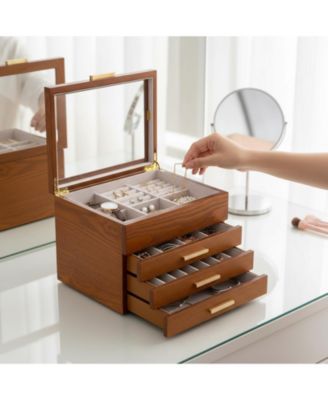 3-Layer Clear Window Wood Grain Jewelry Organizer Box for Earrings Bracelets Necklaces Rings High Capacity Storage Gift