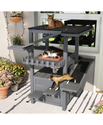 Outdoor Cat House 4 Tiers, Weatherproof Cat Tree Tower with Waterproof Roof, Multi-Level Play Zones with Balcony and 2 Doors, Grey