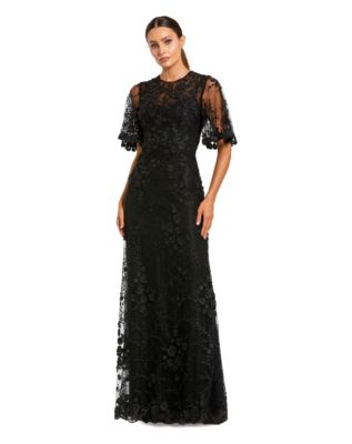 Petite Flutter Sleeve Floral Embroidered Net Gown