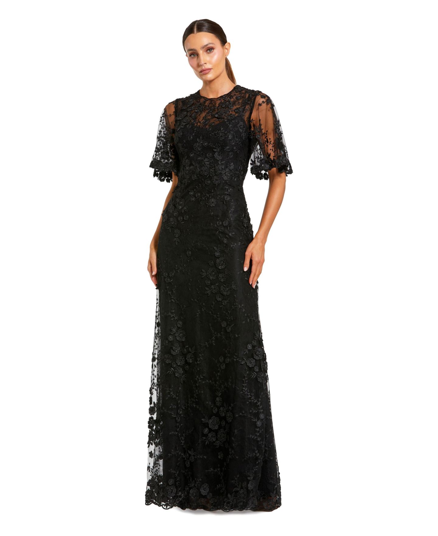 Женское платье Mac Duggal Petite Flutter Sleeve Floral Embroidered Net Gown, цвет: Чёрный — фото 1