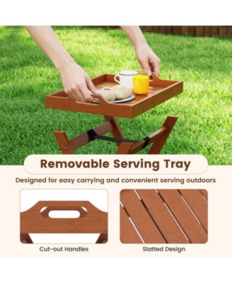 Outdoor Wood Tray Table Portable Side End Table with Folding Frame