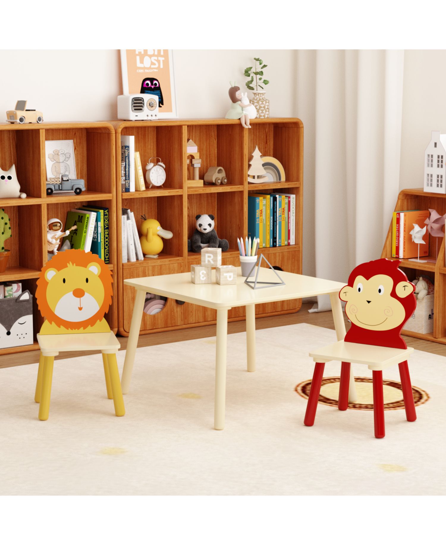 3 Piece Wood Table and Chair Set, w/ 2 LionandMonkey Animals Chairs, Wood Activity Tables Drawing Play Table Set, for Age 2-6 Boy Girl