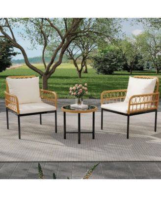 3-Piece Outdoor Patio Furniture Set, All-Weather Wicker Table and Chairs with Glass Top and Cushions, Boho Patio Conversation Set