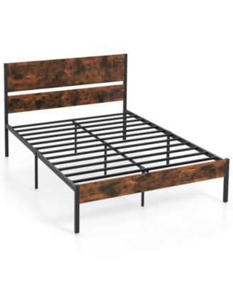 Full Size Metal Bed Frame with Wooden Headboard and Footboard