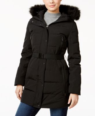 calvin klein faux fur trim wrap coat